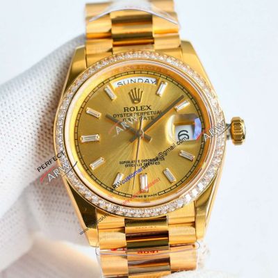 Swiss Clone Rolex Day Date 36mm Gold Baguette Face Diamond Bezel Watch